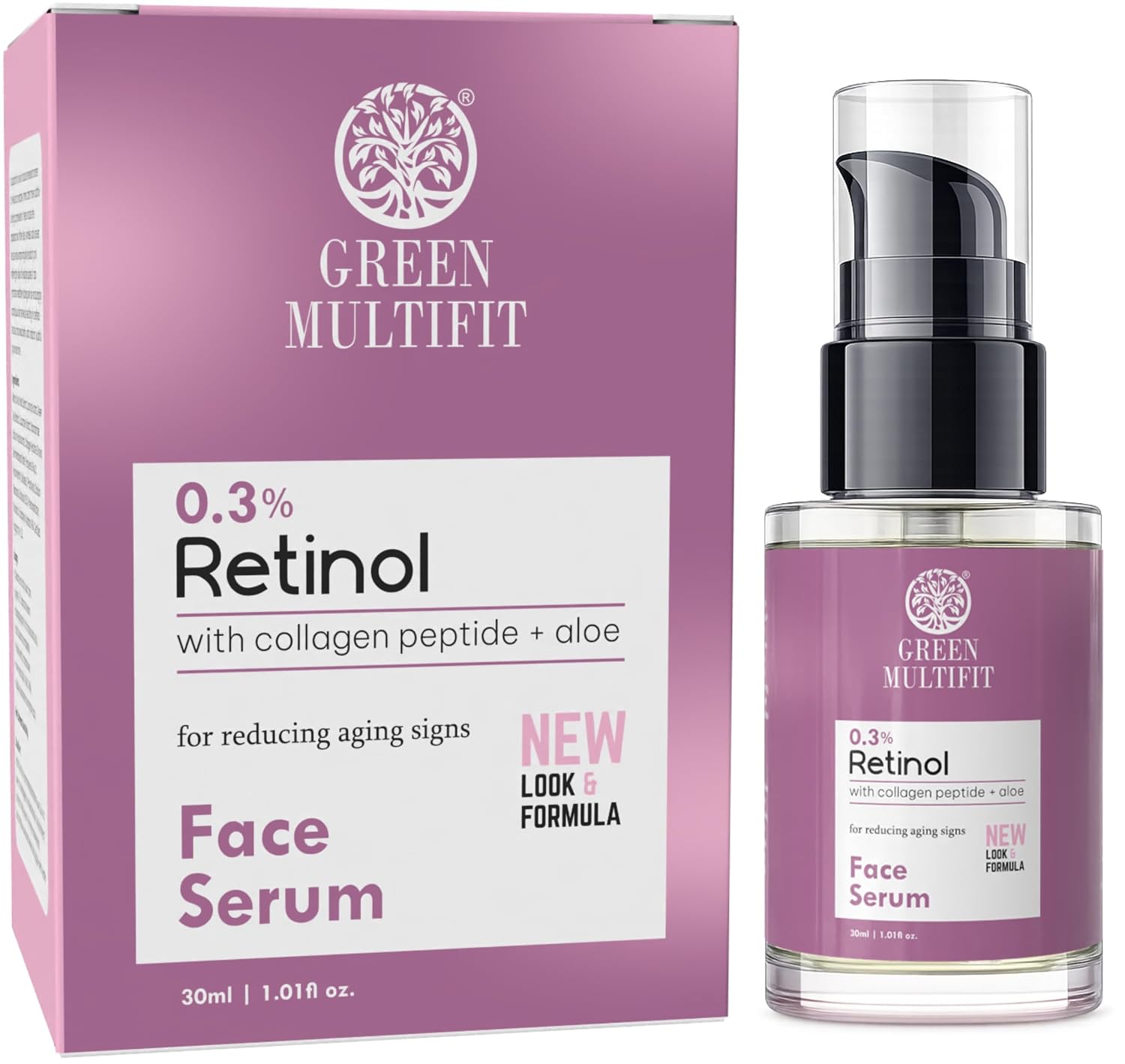 0.3% Retinol Face Serum with Collagen Peptide and Aloe. Helps in fine line reduction and aging signs