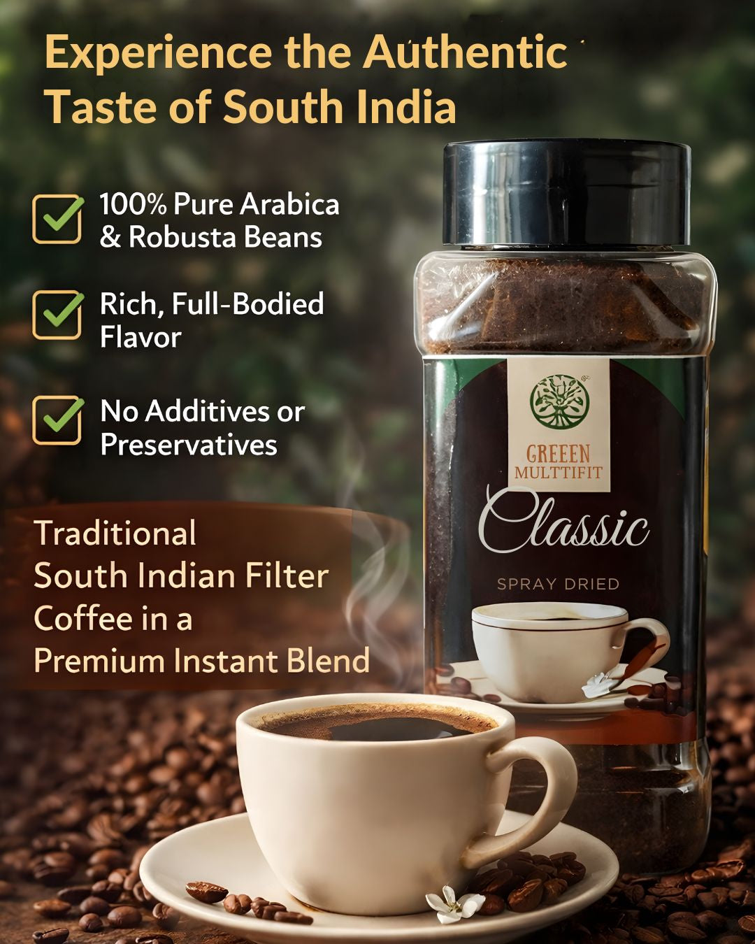 GREENMULTIFIT Spray Dried Instant Coffee Classic | Blend of Pure Arabica & Robusta Beans | Rich Aroma & Smooth Taste | Strong Black Coffee | No Added Sugar | Hot & Cold Coffee | Made in India | 70g Pet Jar