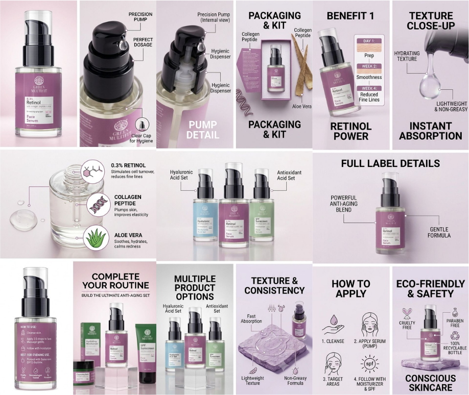 0.3% Retinol Face Serum with Collagen Peptide and Aloe. Helps in fine line reduction and aging signs