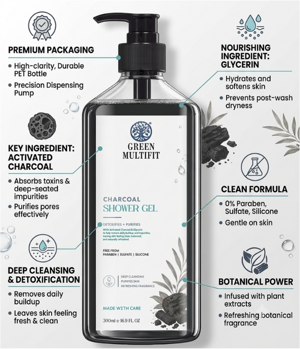 Activated Charcoal Shower Gel for men and women. Nourishing and Hydrating. 500ML