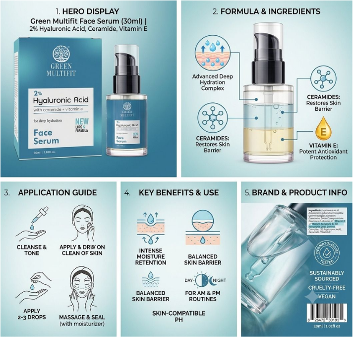 GreenMultifit 2% Hyaluronic Acid Face Serum with Ceramide & Vitamin E, 30ml