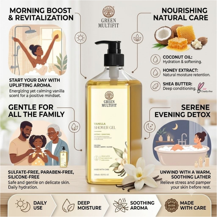 Vanilla Shower Gel for men and women. Nourishing and Hydrating. 500ml