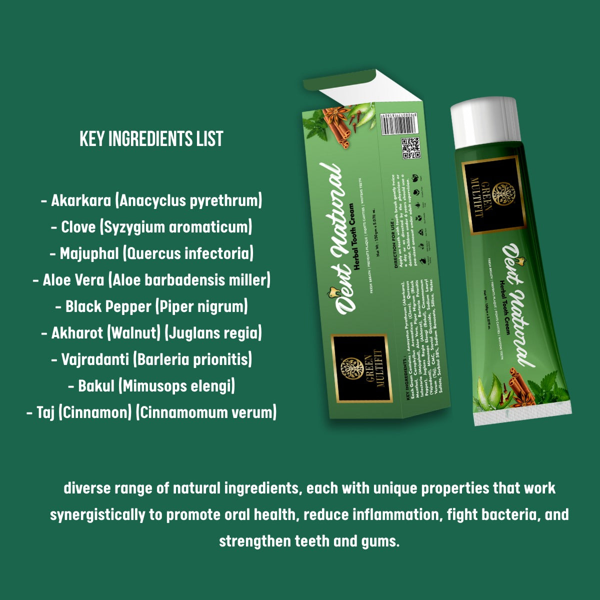 Dent Natural Herbal Toothpaste – Free from Harmful Chemical | Helps to Freshen Breath, Cavity Protection, Enamel Strength, Natural Whitening & Gum Care – 150g