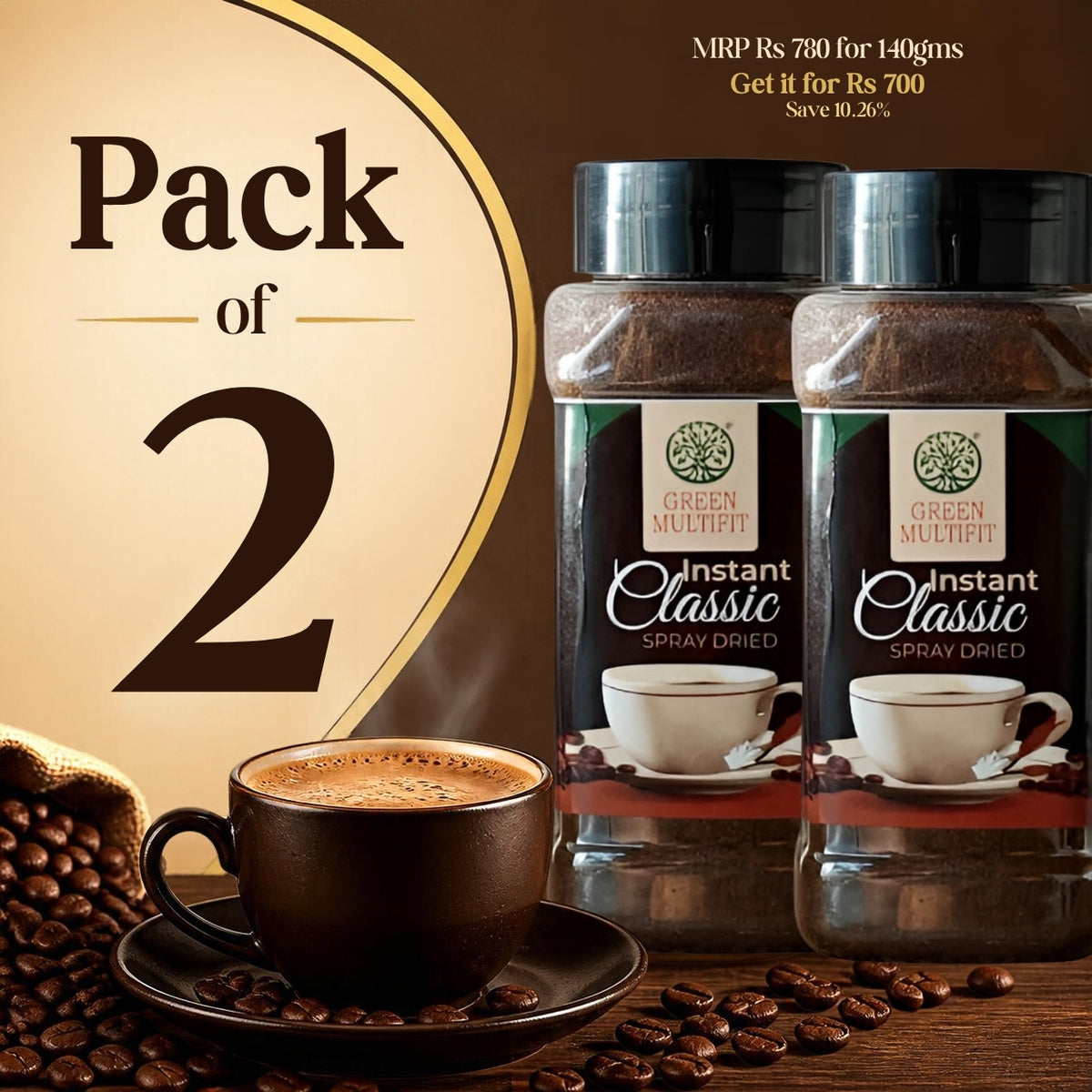 GREENMULTIFIT Pack of 2 Spray Dried Instant Coffee Classic | Blend of Pure Arabica & Robusta Beans | Rich Aroma & Smooth Taste | Strong Black Coffee | No Added Sugar | Hot & Cold Coffee | Made in India | 70g Pet Jar (Copy)